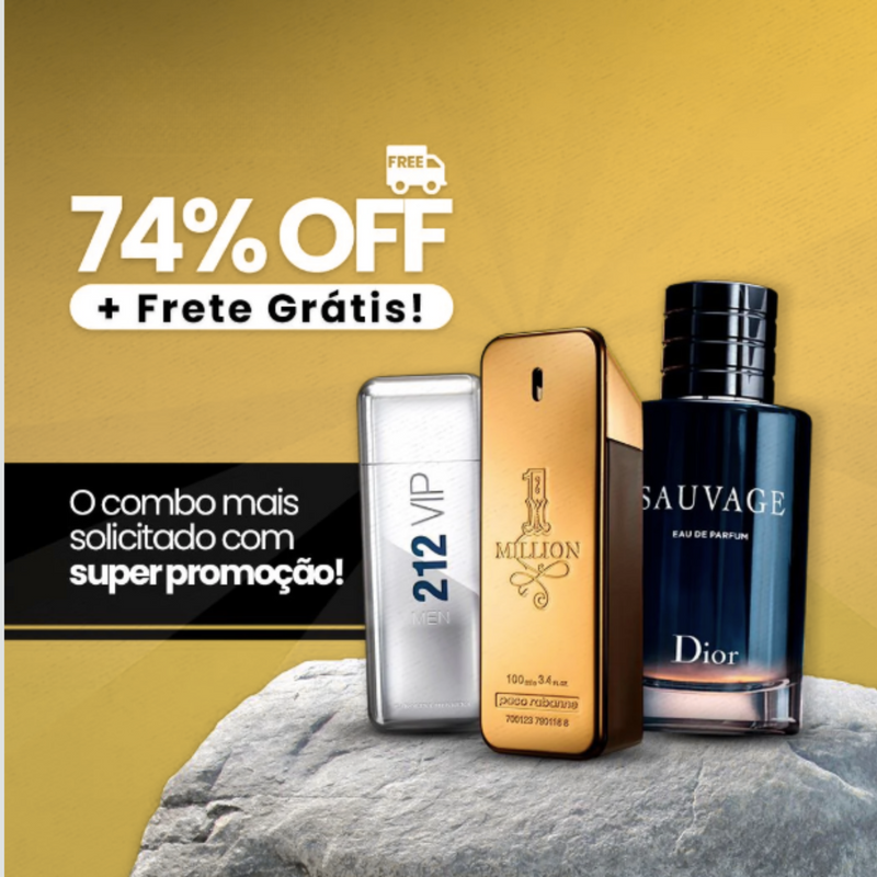 Combo 3 Perfumes Masculinos - 1 Million, 212 Vip Men e Sauvage Dior (100ml) - Oferta Exclusiva
